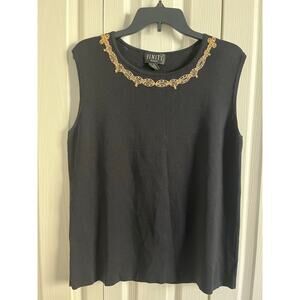 FINITY WOMAN Sleeveless Shell Sweater Top Black Stretch Knit Beaded Neckline 1X